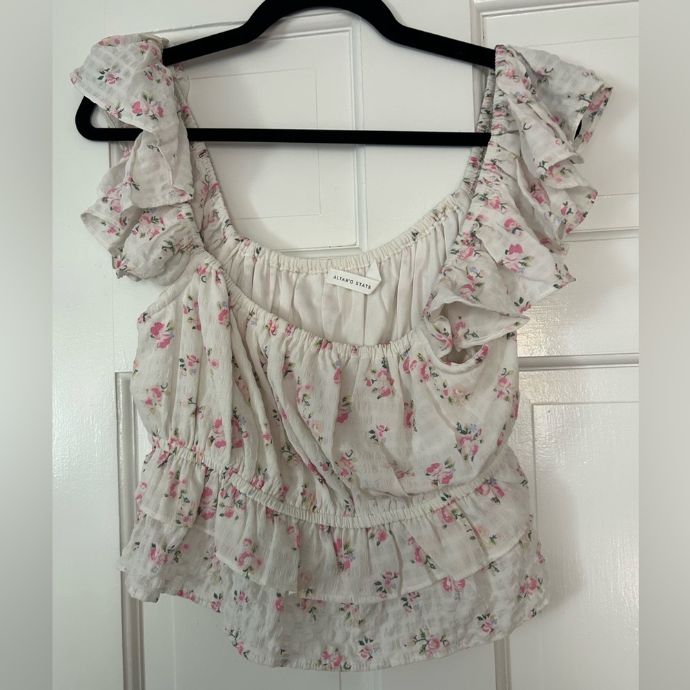 Altar'd State Pink Floral Ruffle Blouse